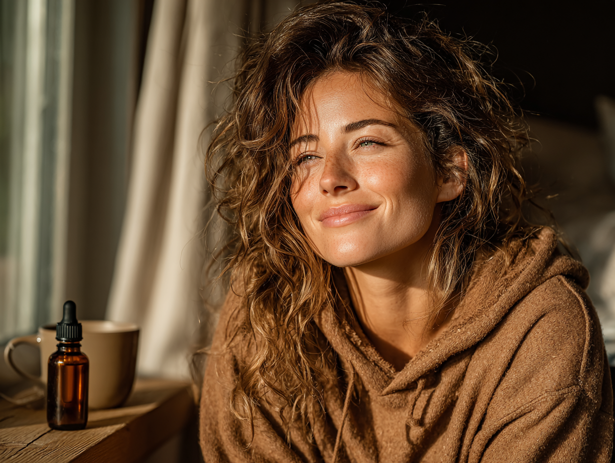 Mulher brunete sorridente em ambiente claro e calmo tomando chá, representando bem-estar após desparasitação natural com tinturas.