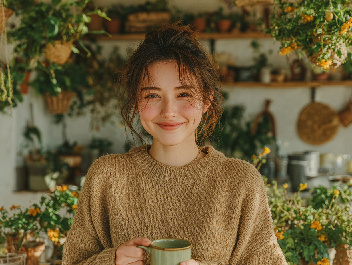 Mulher asiática sorrindo em um ambiente leve, representando o bem-estar após a desparasitação com tinturas.