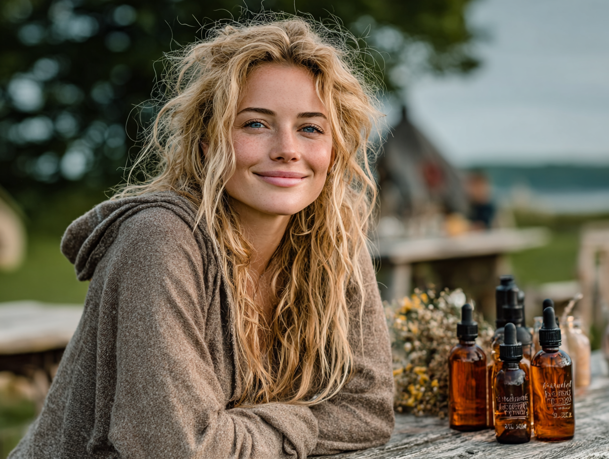 Mulher loira sorrindo em ambiente naturalista com frascos de tinturas sobre a mesa, representando bem-estar após aplicar o protocolo Hulda Clark de desparasitação.