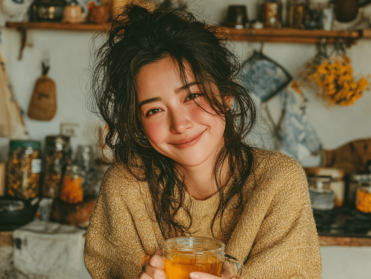 Mulher oriental em ambiente leve e feliz, tomando chá após aplicar o protocolo desparasitação humana natural