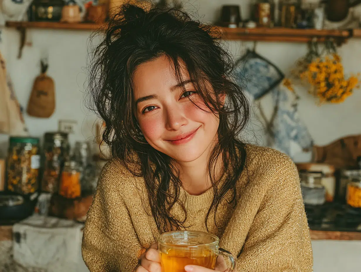 Mulher oriental em ambiente leve e feliz, tomando chá após aplicar o protocolo desparasitação humana natural