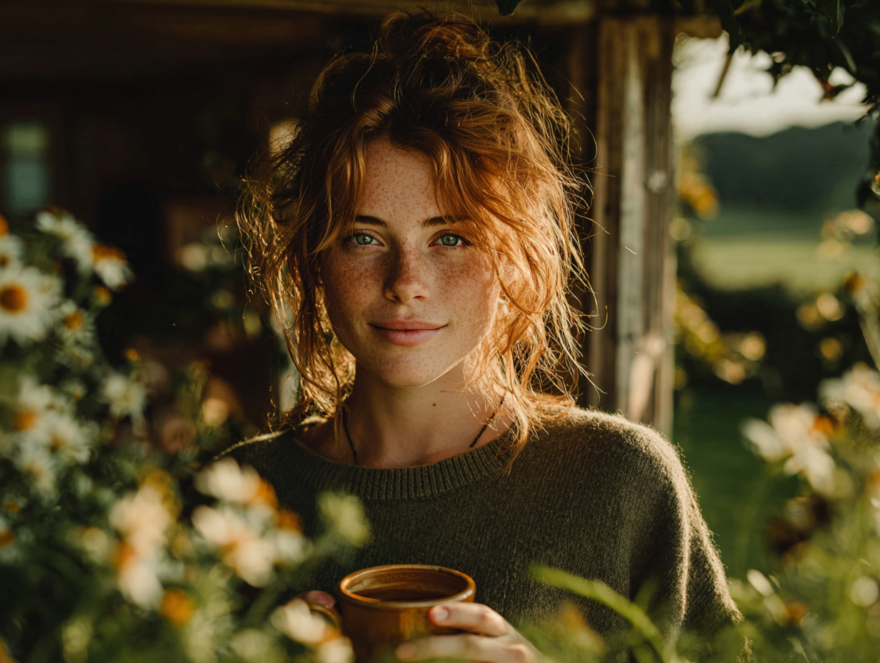 Mulher ruiva sorrindo em cenário naturalista e leve após realizar o desparasitação natural protocolo, simbolizando recuperação e bem-estar funcional.