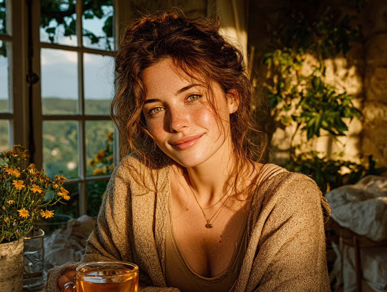 Mulher morena tomando chá ao ar livre, representando bem-estar após protocolo com kit de tinturas para desparasitação