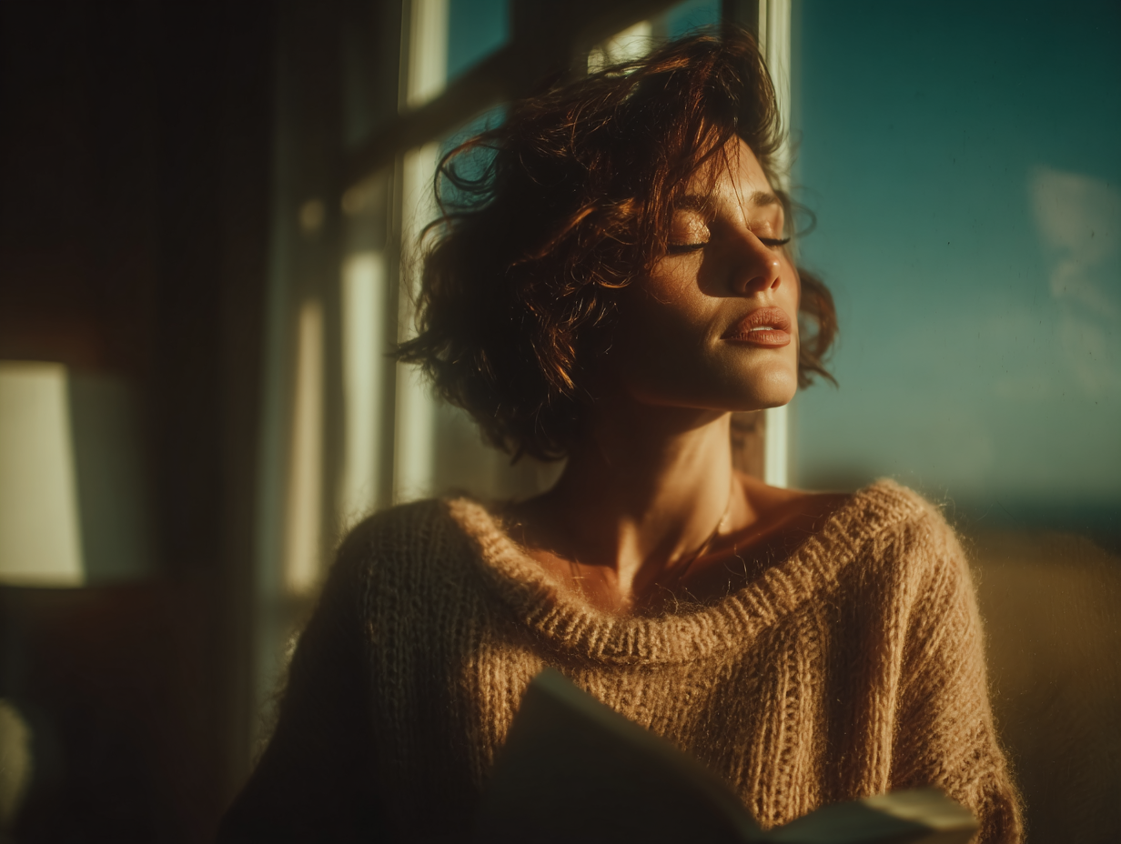 Foto clean de mulher morena em pé, junto a uma janela iluminada, com expressão leve de alívio, simbolizando o fim do ciclo da candidíase.