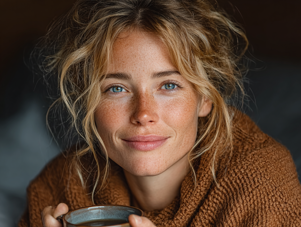Foto clean de mulher loira sorridente com expressão tranquila, segurando uma caneca de chá em ambiente sereno, representando recuperação funcional da candidíase no estômago.