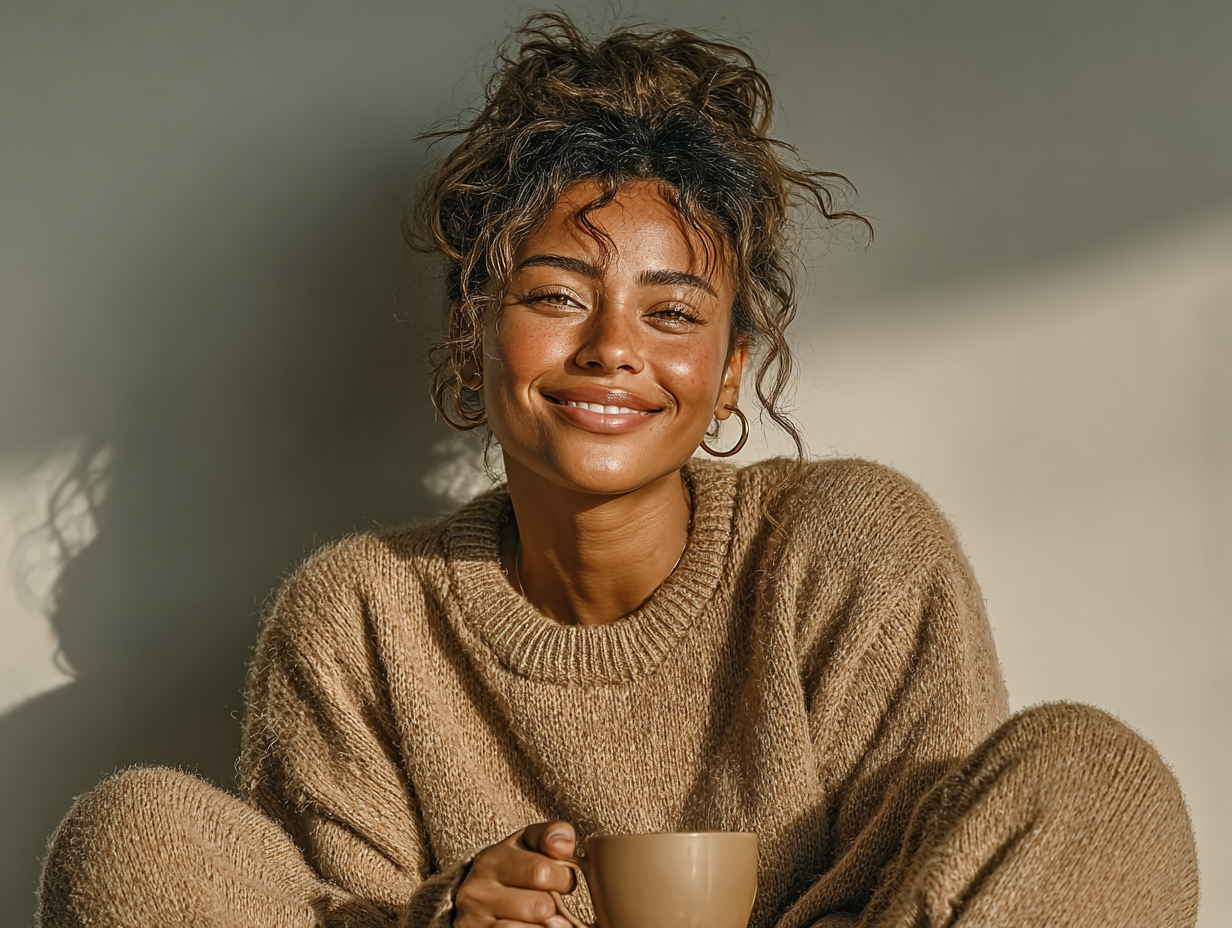 Mulher negra relaxando com chá após completar sua desparasitação natural, em ambiente leve