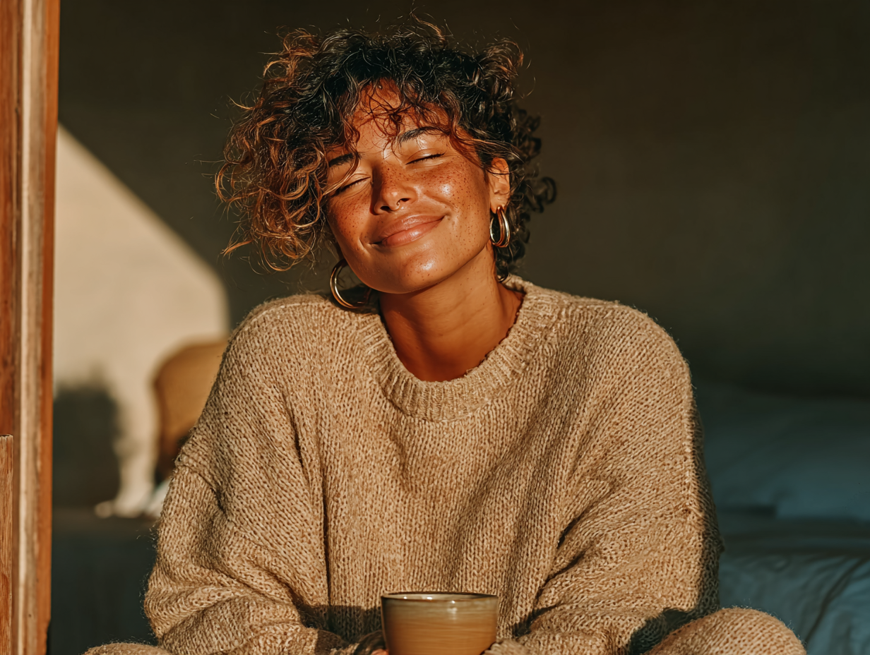 Mulher negra sorridente em ambiente clean simbolizando bem-estar após seguir o protocolo Hulda Clark como fazer com tinturas.