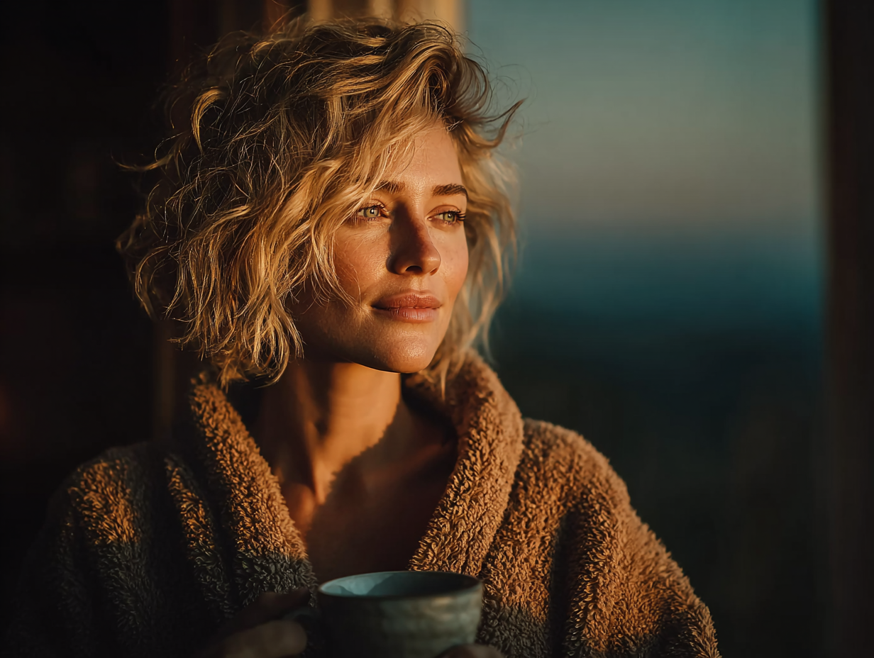 Mulher loira em paz, tomando chá ao amanhecer, simbolizando a recuperação após eliminar vermes que causavam insônia.