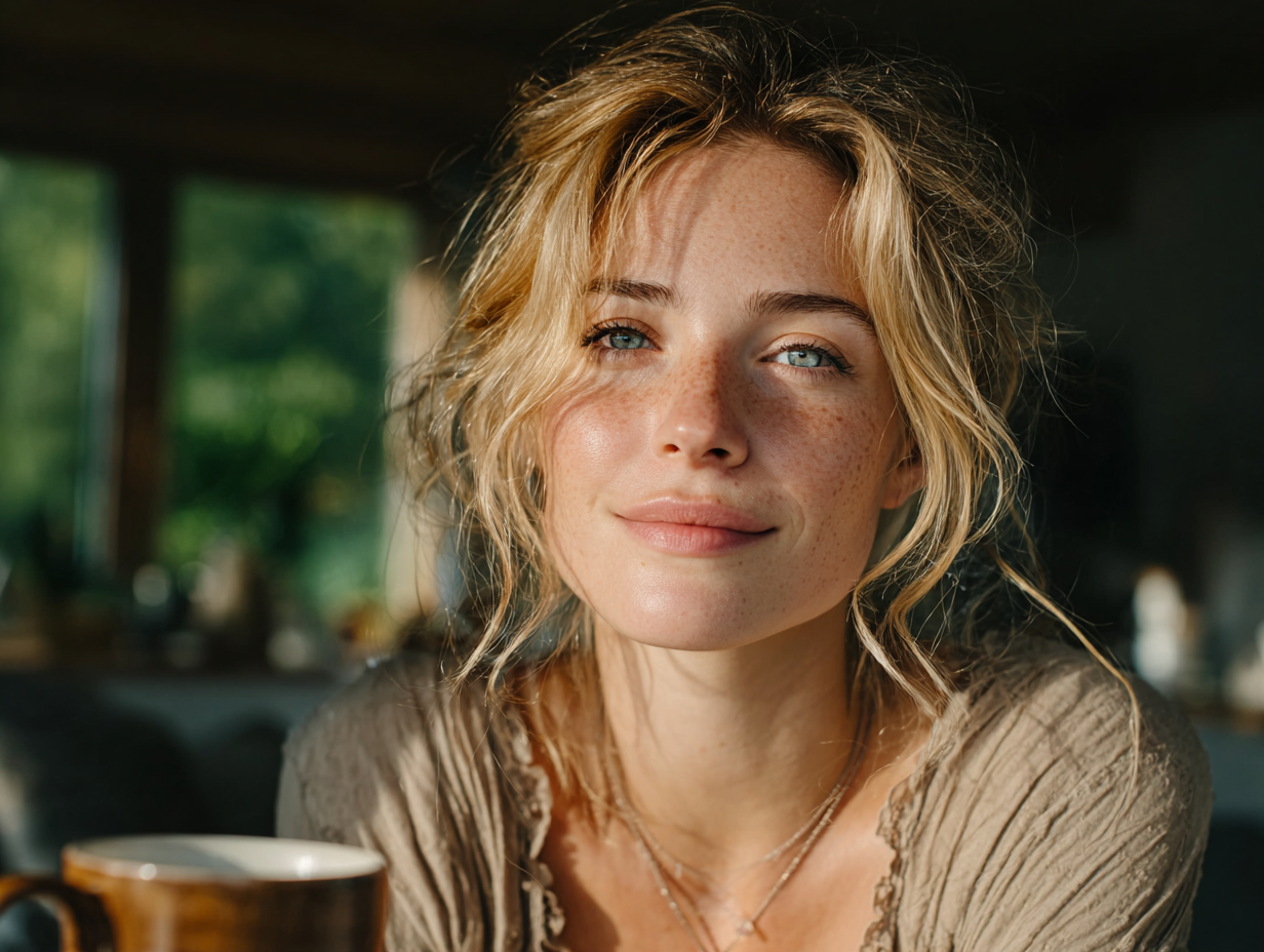 Foto clean de mulher loira em ambiente leve e tranquilo, tomando chá calmamente, simbolizando o bem-estar restaurado após lidar com sintomas de verme na barriga.