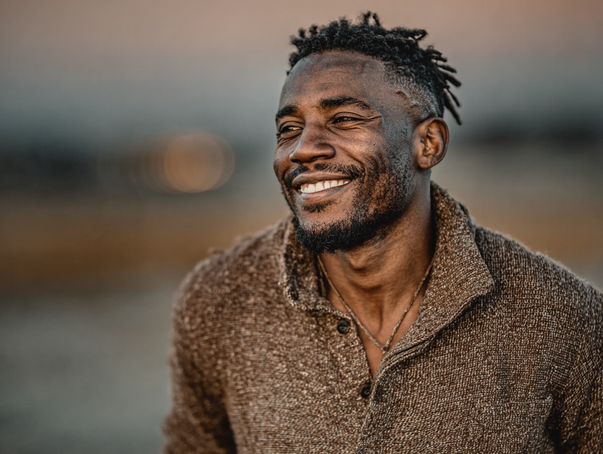 Homem negro sorrindo discretamente, caminhando ao ar livre, representando bem-estar após tratar sintomas de verme intestinal.