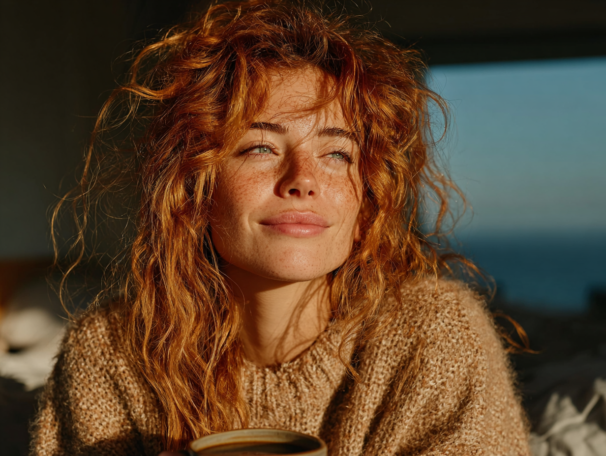 Mulher ruiva sorrindo com xícara de chá em ambiente clean, simbolizando os benefícios da tintura de nogueira para que serve na recuperação intestinal.