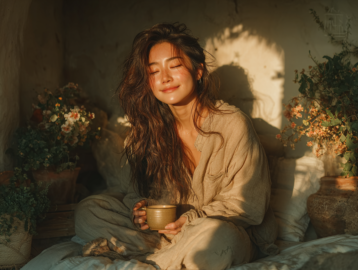 Mulher asiática sorridente, com cabelo longo e delicado, segurando uma xícara de chá em casa, representando os benefícios da desparasitação com tinturas.