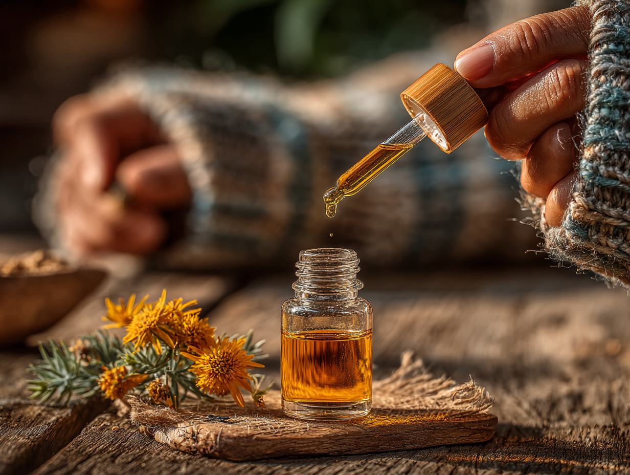 Mão feminina jovem manipula tintura antiparasitária com conta-gotas sobre superfície de madeira clara, representando o protocolo de desparasitação.