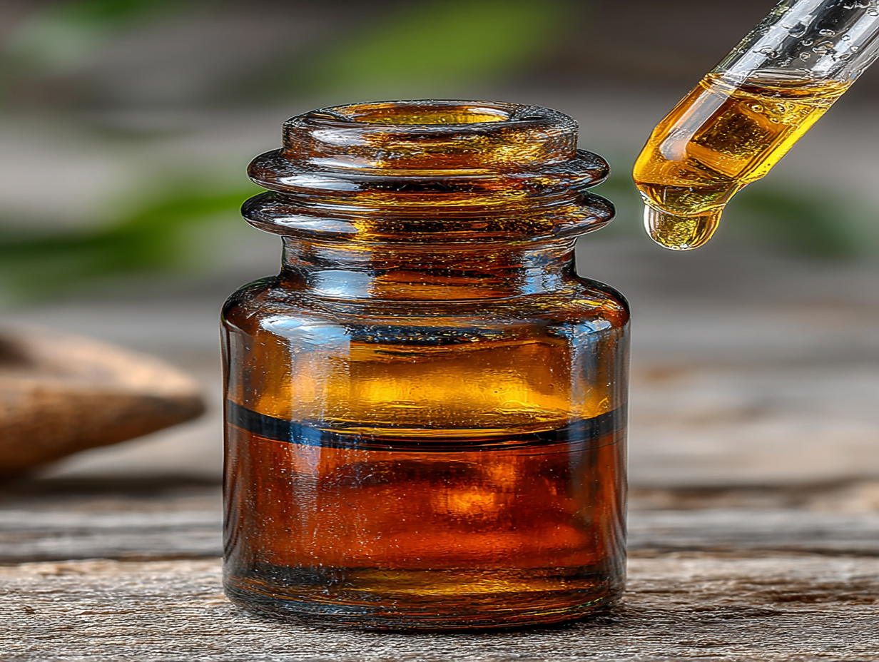Mão masculina segurando conta-gotas com frasco âmbar de tintura, representando tintura de nogueira absinto e cravinho como tomar de forma segura.