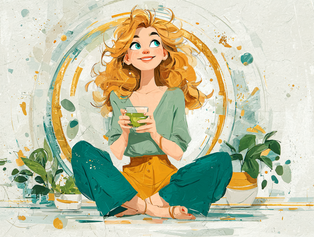 Ilustração flat de mulher ruiva feliz tomando chá antifúngico, com aura dourada e ambiente de bem-estar e saúde