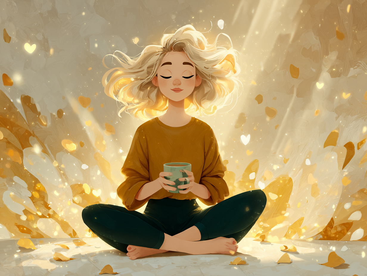 Mulher loira radiante e livre da candidíase, com aura dourada e símbolos de saúde ao redor, tomando chá, depois de descobrir o que fazer para candidíase não voltar.