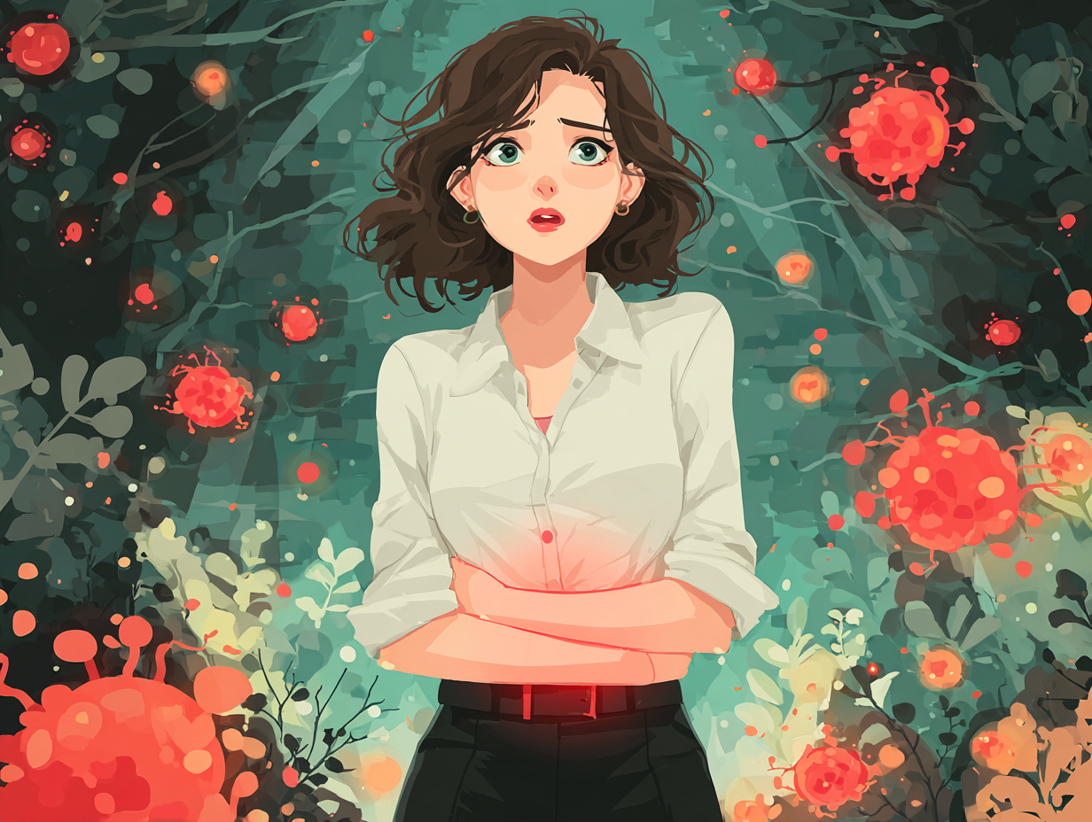 Mulher com desconforto pélvico causado por candidíase, com fungos ao redor e luz vermelha na região íntima