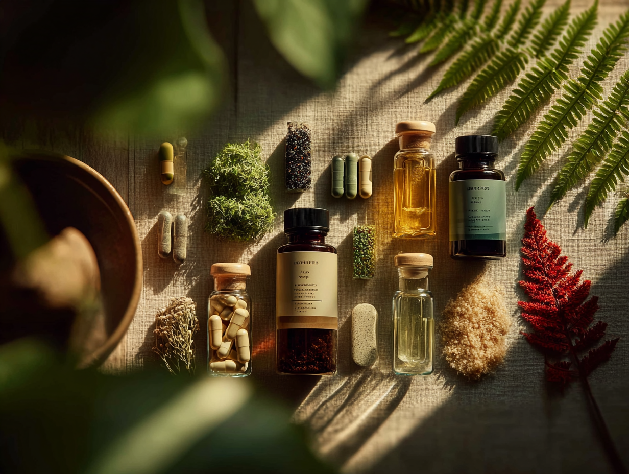 Frascos de tinturas, cápsulas e suplementos dispostos em uma mesa clara, representando os elementos usados no protocolo de desparasitação humana.
