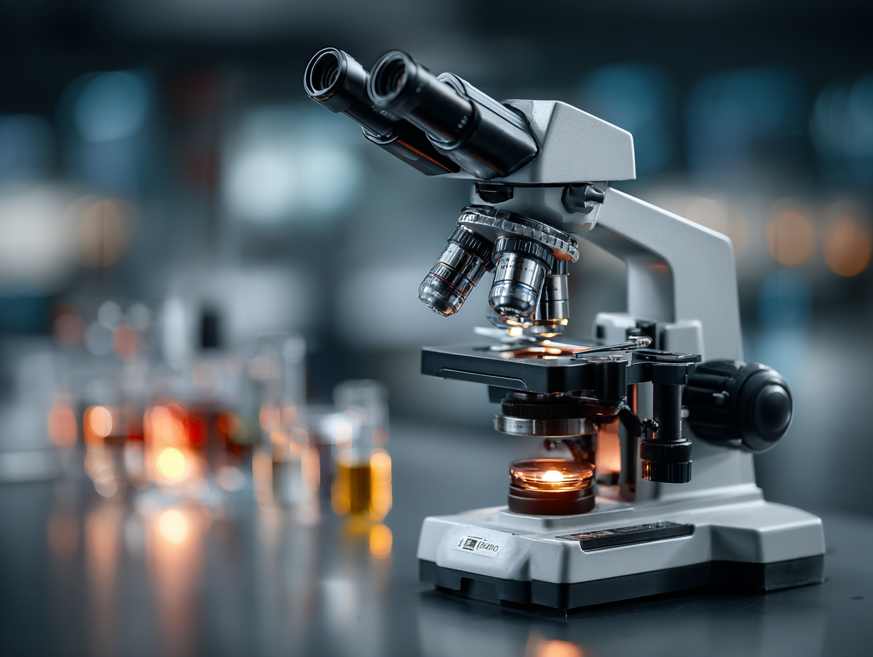 Fotografia realista de microscópio em bancada de laboratório clínico, representando o diagnóstico da amebíase por análise de fezes.