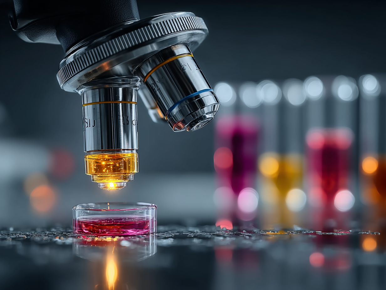 Foto realista de um microscópio de laboratório analisando amostras de fezes, representando o diagnóstico da lombriga no intestino.