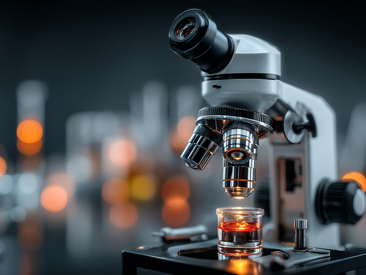 Imagem realista de um microscópio em laboratório, representando o diagnóstico de verme intestinal por exames de fezes.