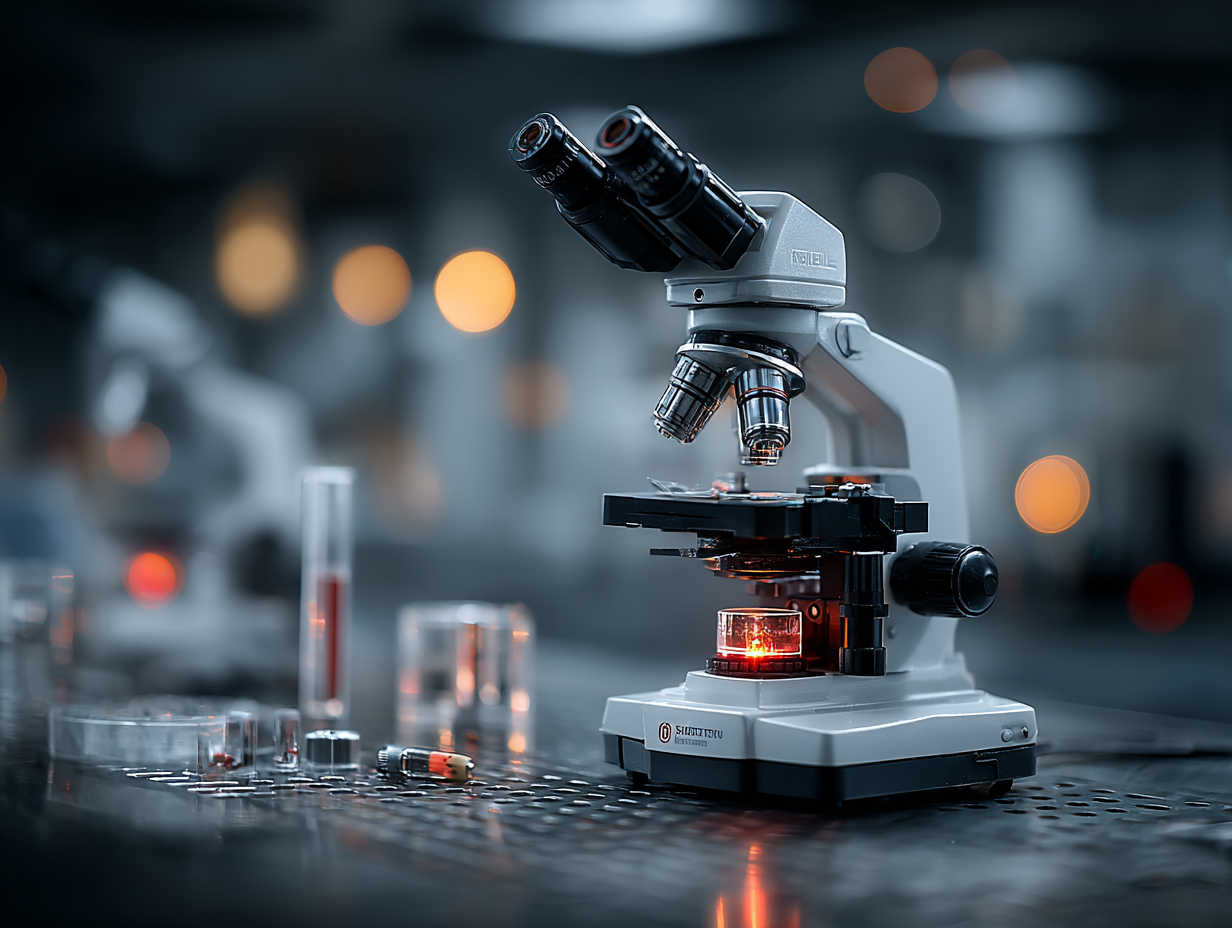 Microscópio em laboratório clínico com foco em diagnóstico de verme intestinal como causa oculta da insônia.