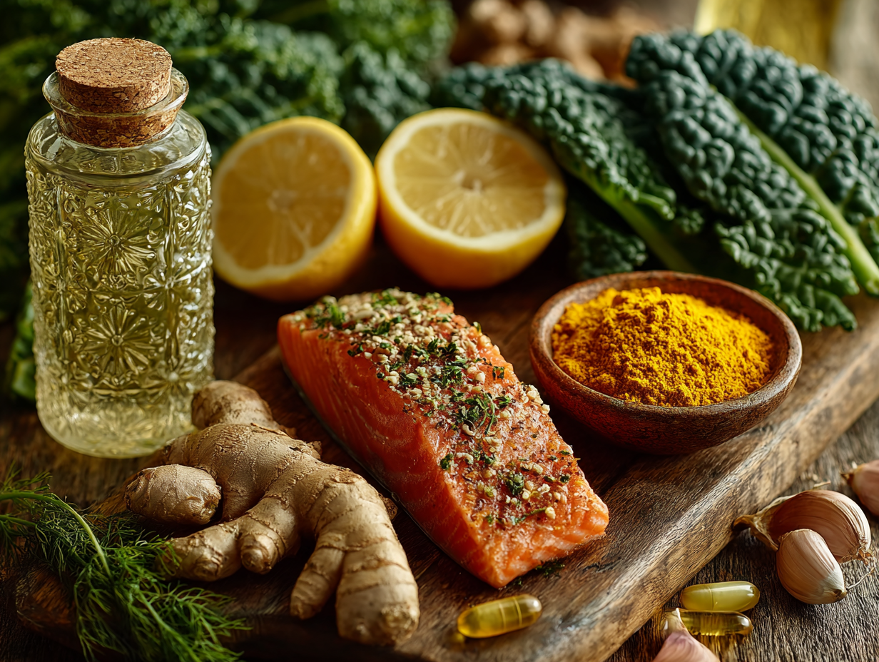 Foto realista de alimentos usados em dietas antifúngicas e anti-inflamatórias para candidíase: vegetais verdes, azeite, salmão grelhado, alho, cúrcuma, probióticos.