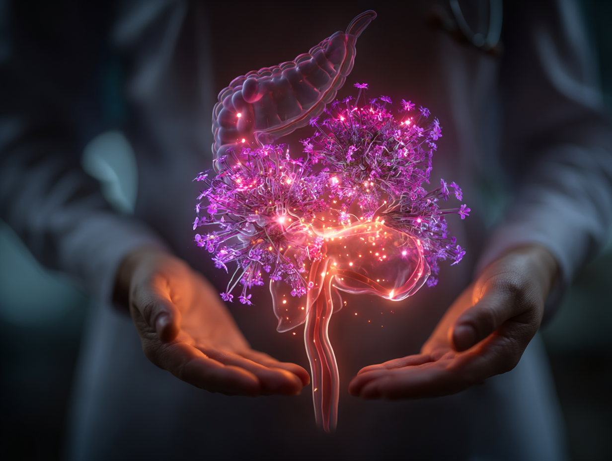 Ilustração educativa mostrando conexão simbólica entre intestino e região íntima, representando o elo entre disbiose intestinal e candidíase vaginal.