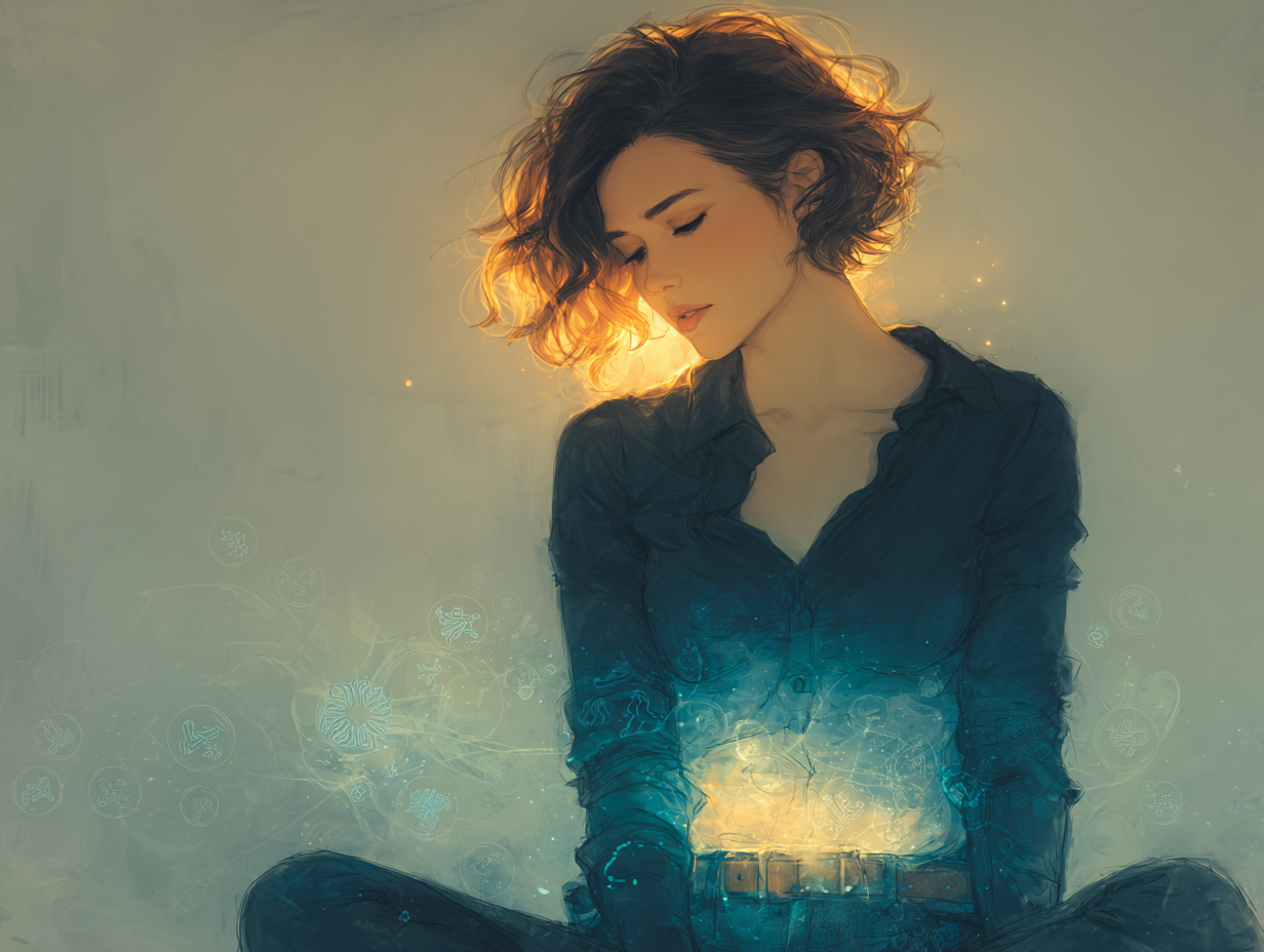  Ilustração médica de mulher morena em postura de cansaço, com destaque simbólico para intestino e sistema imune afetados.