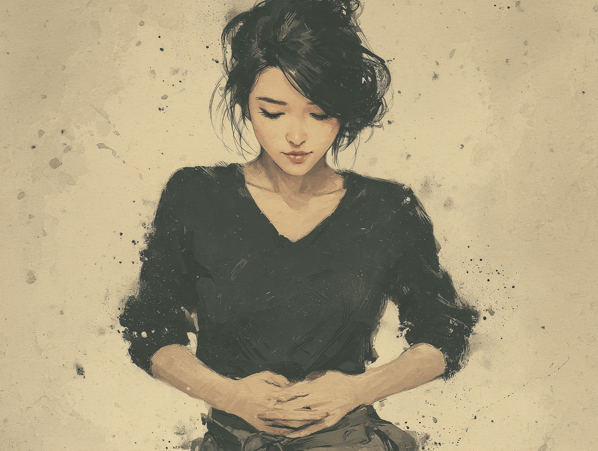 Ilustração semi-realista de mulher asiática com mãos na região abdominal, expressando desconforto digestivo relacionado a sintomas parasitários.