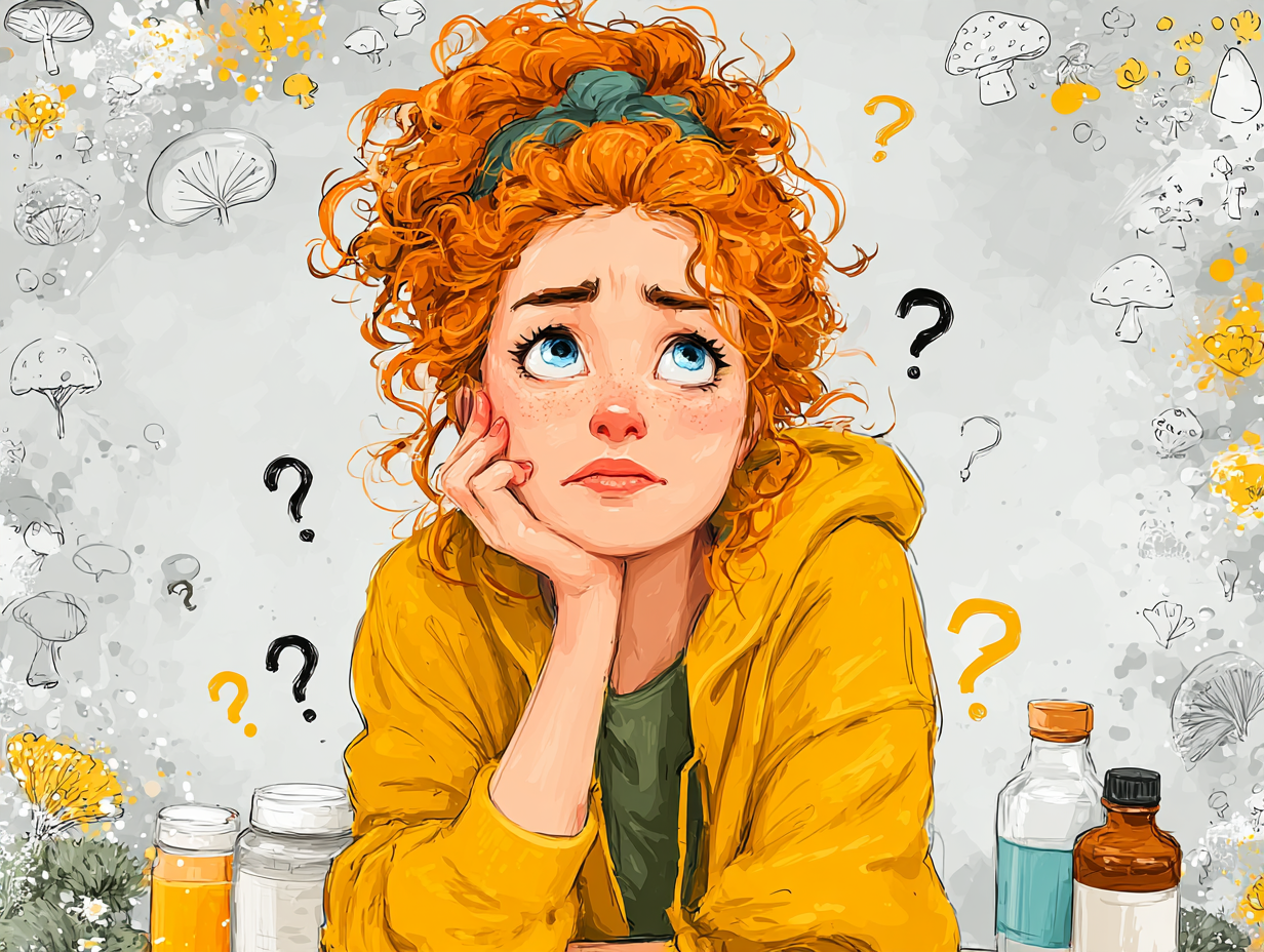 Ilustração flat de mulher ruiva confusa com dúvida sobre o que é bom para candidíase