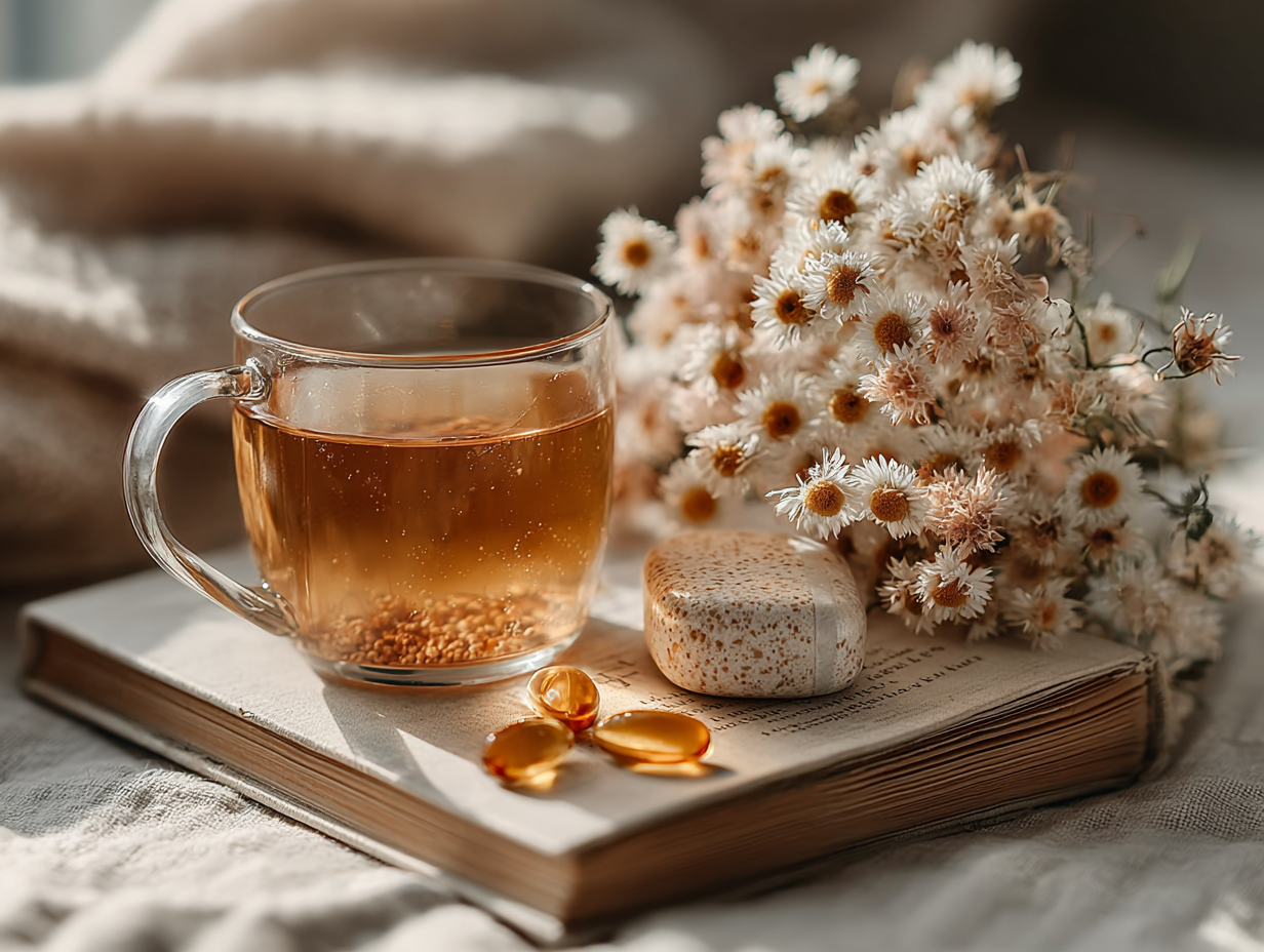 Imagem clean de rotina saudável com objetos naturais, chá, alimentos leves e luz suave, representando a abordagem funcional para a candidíase