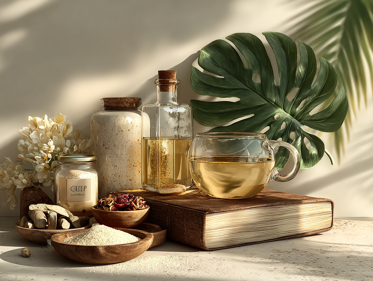 Foto realista clean com alimentos naturais, suplementos e itens relacionados a um estilo de vida antifúngico.