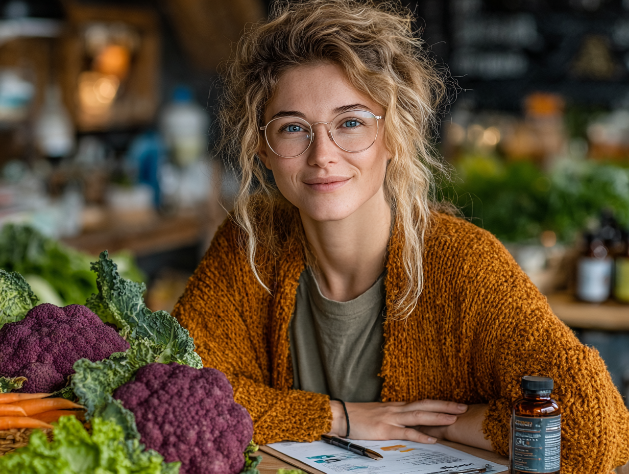 Foto clean de mulher recebendo orientação nutricional com foco em probióticos e alimentos saudáveis para candidíase recorrente.