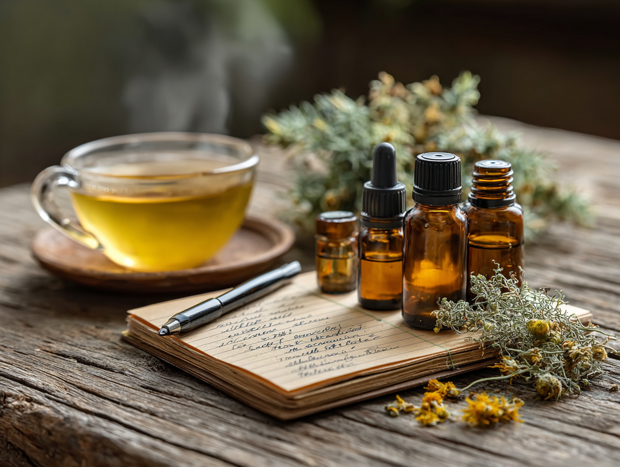 Foto clean com mesa organizada contendo suplementos naturais, tinturas antiparasitárias e caderno aberto, simbolizando estratégias funcionais contra vermes intestinais.