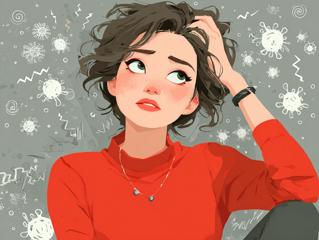 Mulher com estresse intenso cercada por fungos simbólicos da candidíase recorrente