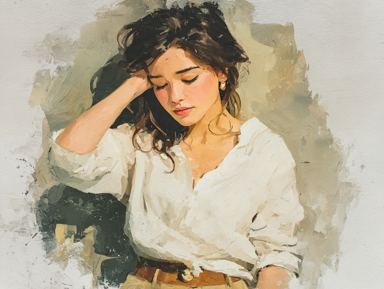 Ilustração de mulher morena demonstrando estresse e fadiga, simbolizando o impacto emocional e imunológico na candidíase frequente.