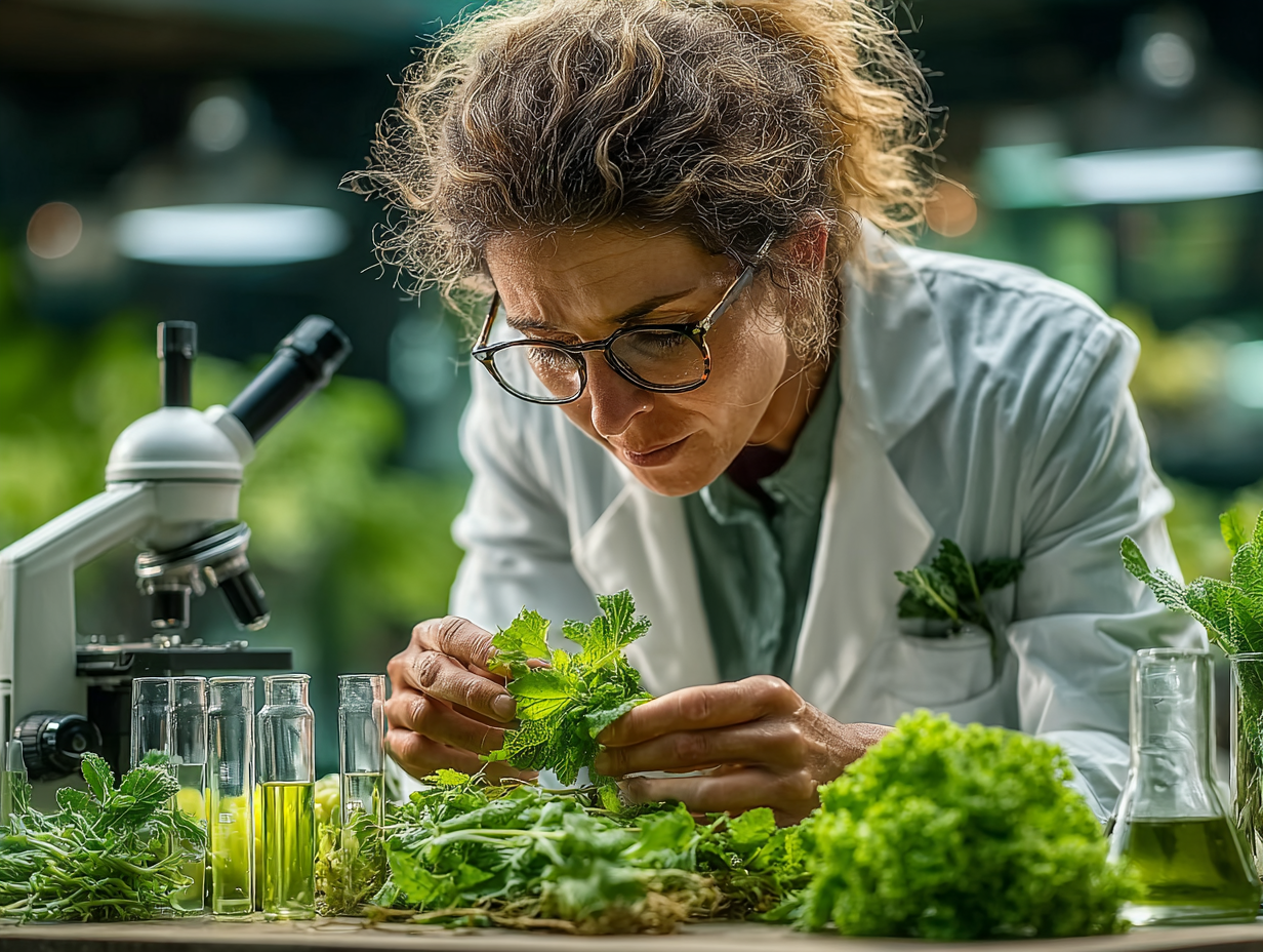  Cientista analisando compostos ativos de plantas medicinais usadas em tinturas antiparasitárias.