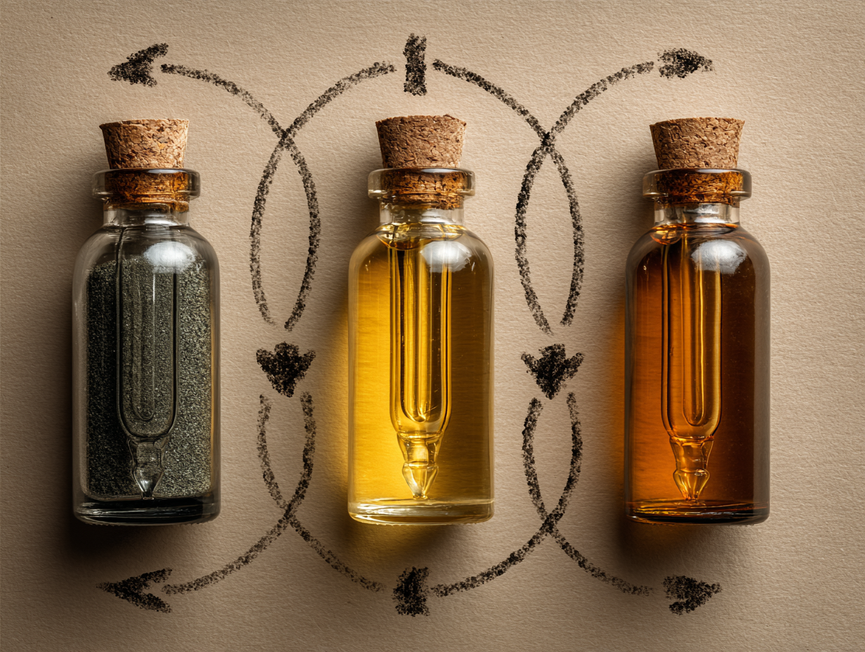 Imagem simbólica com setas e frascos representando as etapas do protocolo Hulda Clark.