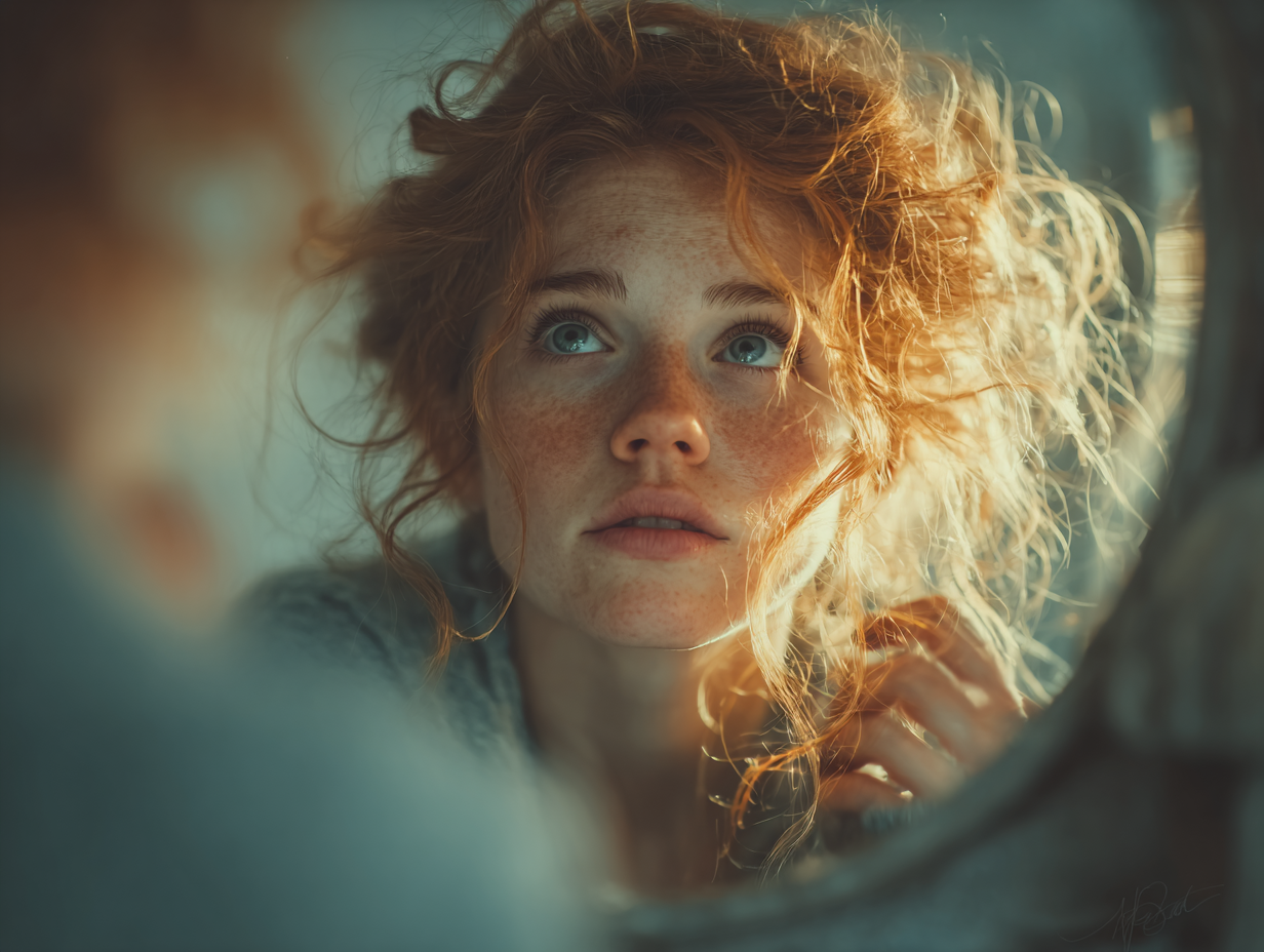 Ilustração simbólica de mulher ruiva com expressão de fadiga tocando os cabelos, sugerindo queda capilar e sintomas causados por vermes