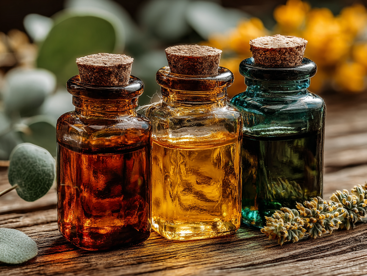 Três frascos de tintura sem rótulo representando a tríade antiparasitária com nogueira, absinto e cravinho