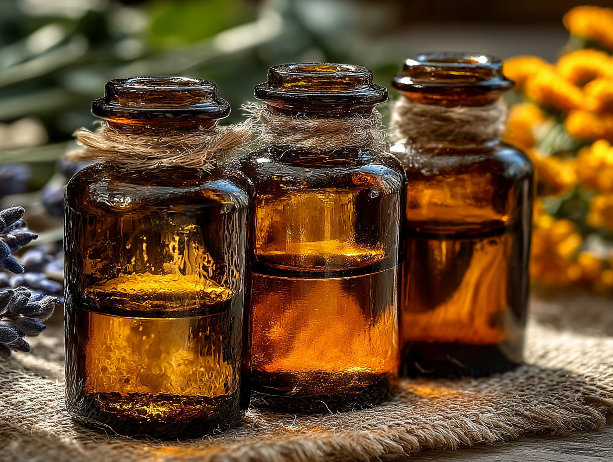 Frascos de tintura de absinto, nogueira e cravinho representando a tríade antiparasitária tradicional