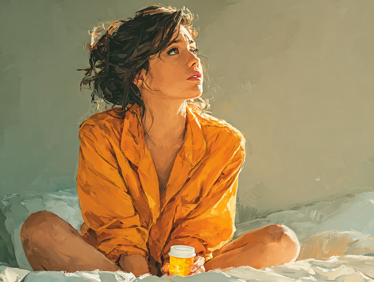 Ilustração semi-realista de uma mulher olhando frascos de remédio com expressão de frustração e dúvida sobre o motivo da candidíase continuar voltando.