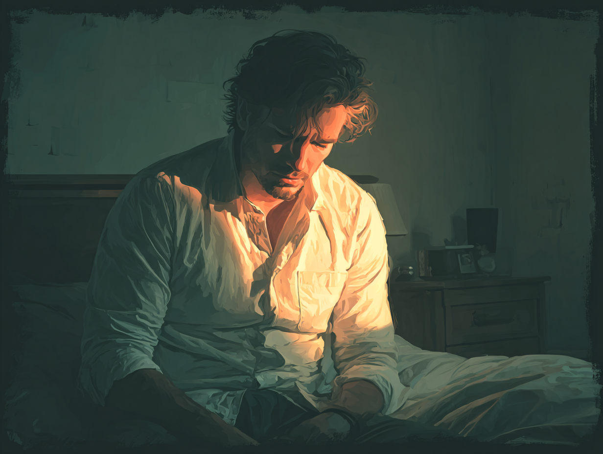 Ilustração de homem moreno sentado com expressão de fraqueza e cansaço, representando giardíase sintomas como perda de peso e indisposição.