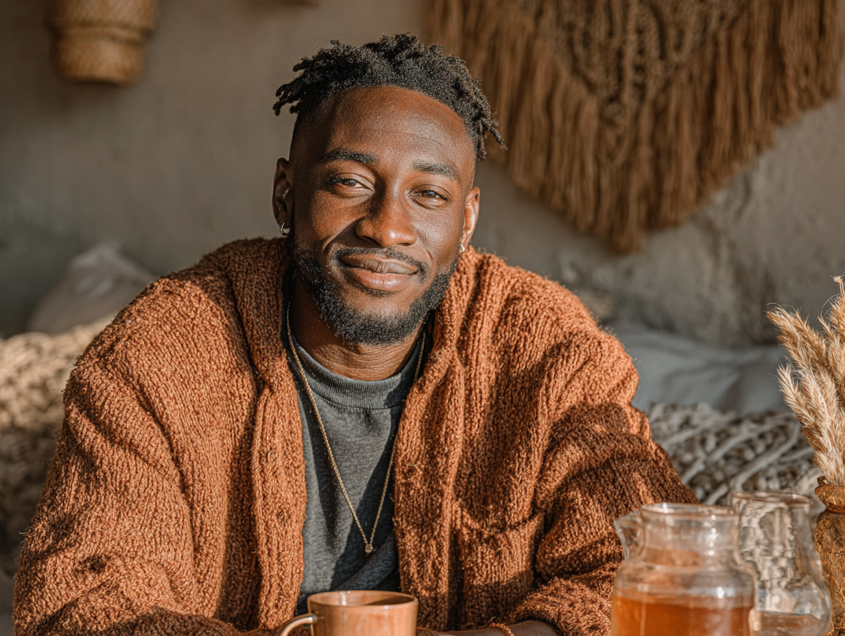 Homem negro sorrindo suavemente em ambiente clean, representando bem-estar após desparasitação natural.
