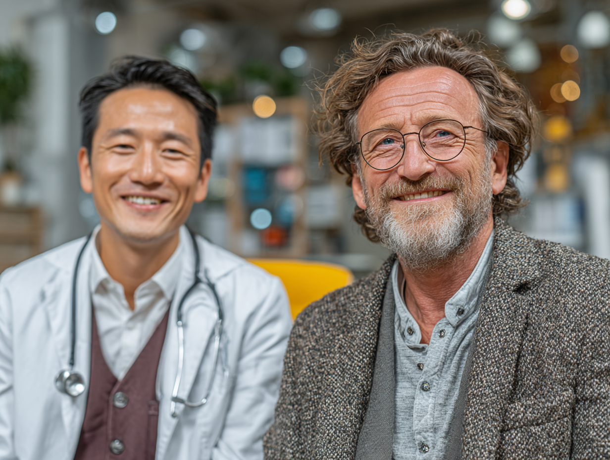 Homem oriental conversando com seu médico sobre diagnóstico de vermes intestinais, em ambiente acolhedor e clínico.