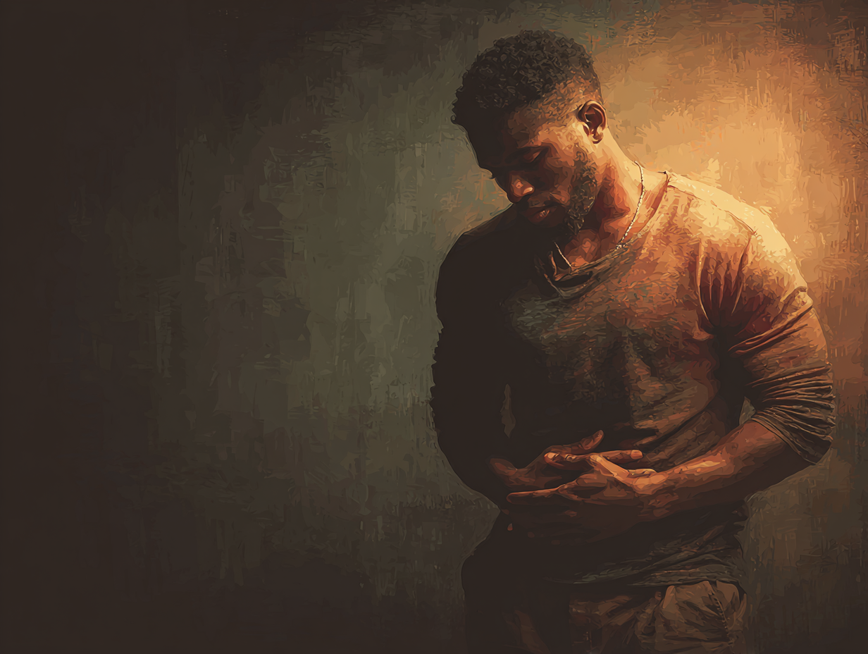 Ilustração anatômica simbólica de um homem negro com mãos sobre o abdômen, representando sintomas de parasitas intestinais.