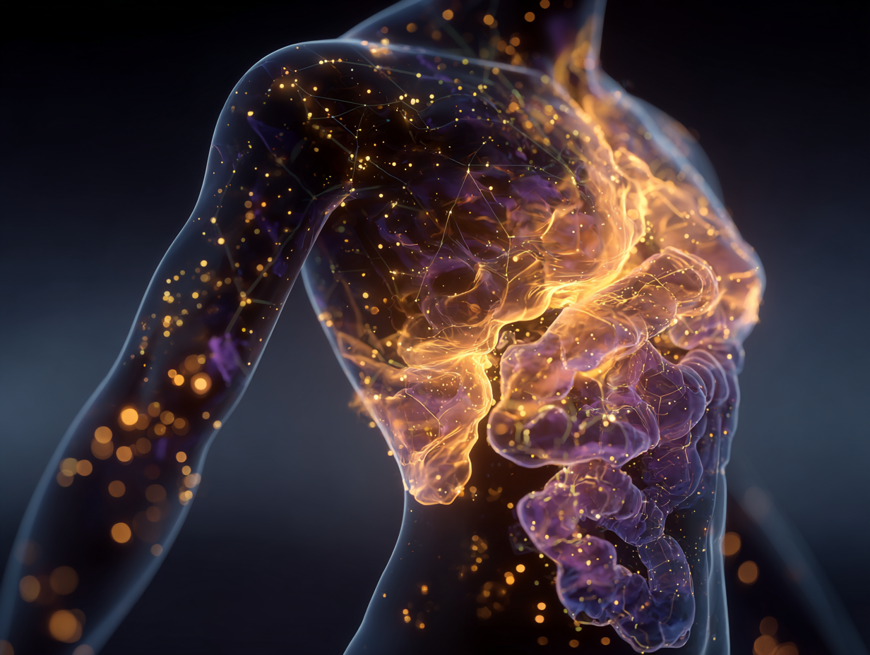 Representação simbólica de um corpo humano afetado por parasitas intestinais, com alterações metabólicas internas.