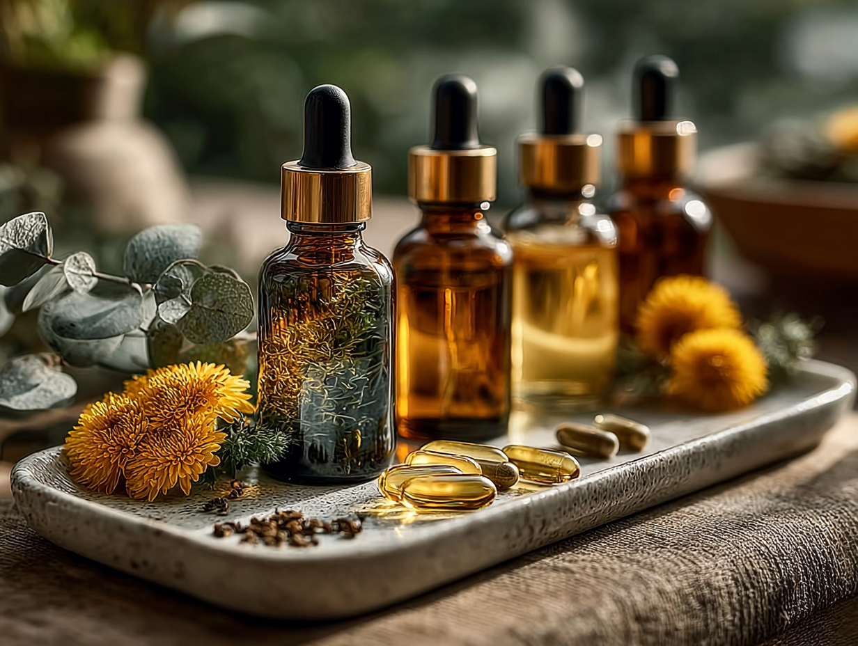 Mesa com tinturas naturais, cápsulas e compostos usados na desparasitação para restaurar o metabolismo.