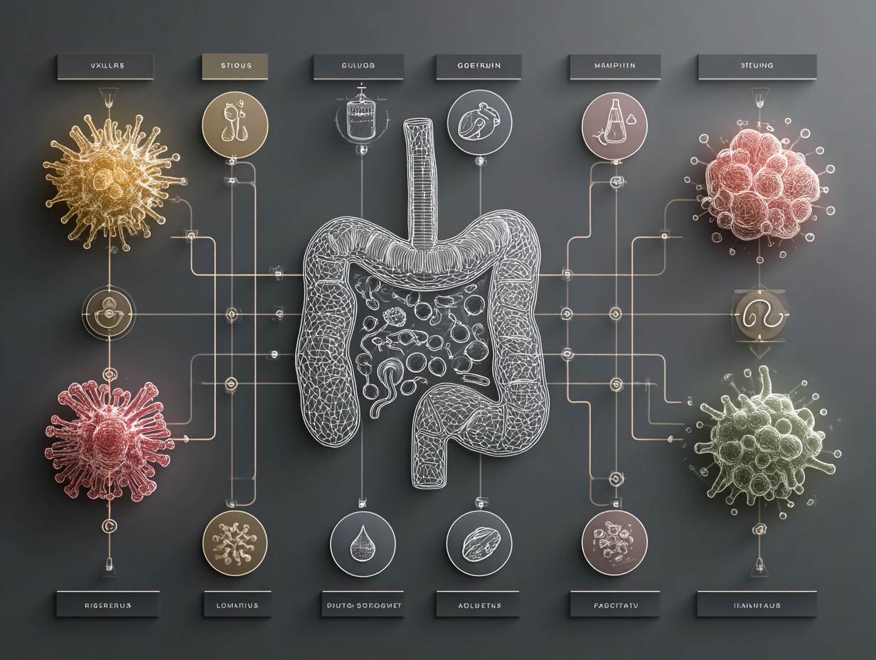 Representação simbólica da conexão entre intestino, alimentação e imunidade